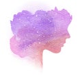 Double exposure silhouette of woman with splashed water color.