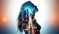 a double exposure of a silhouetted woman and a modern city at night, highlighting the beautiful way that light and city life work