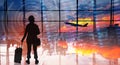 Double exposure silhouettes of passenger sitting at the airport. Business airline concept Royalty Free Stock Photo