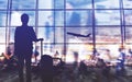 Double exposure silhouettes of passenger walking at airport with people. Business airline Double exposure silhouettes of passenger Royalty Free Stock Photo