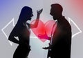 Double exposure with silhouettes of quarreling couple and heart. Relationship problems Royalty Free Stock Photo