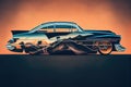 double-exposure of sleek and modern automobile, with vintage vibe