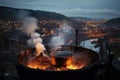 double exposure of a smelting pot and the panorama of a steel mill