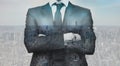 Double exposure of success business man with arms crossed and city in background. Concept businessman lifestyle Royalty Free Stock Photo