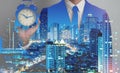 Double exposure of success business man city background.time for Royalty Free Stock Photo