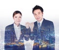 Double exposure of successful business man and woman with arm ra Royalty Free Stock Photo