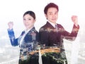 Double exposure of successful business man and woman with arm ra Royalty Free Stock Photo