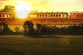 Double exposure train and nature of rice field Royalty Free Stock Photo