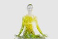Double exposure-tranquility yoga woman meditation with branch large tree and leaf spreading,isolated white background, concept of Royalty Free Stock Photo