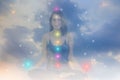 Double exposure-tranquility yoga woman meditation to purify mind,background sky,concept spirituality and suffering from Royalty Free Stock Photo