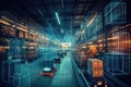 Double exposure of warehouse with boxes and forklift. Logistics and transportation concept, digital warehouse with electronic