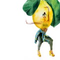 Double exposure of watercolor lemons with full-length portrait of beautiful dancing girl in green pants, lime top and yellow shoes Royalty Free Stock Photo