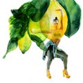 Double exposure of watercolor lemons with full-length portrait of beautiful dancing girl in green pants, lime top and yellow shoes Royalty Free Stock Photo