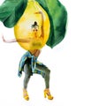 Double exposure of watercolor lemons with full-length portrait of beautiful dancing girl in green pants, lime top and yellow shoes Royalty Free Stock Photo