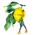 Double exposure of watercolor lemons with full-length portrait of beautiful dancing girl in green pants, lime top and yellow shoes Royalty Free Stock Photo