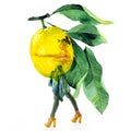 Double exposure of watercolor lemons with full-length portrait of beautiful dancing girl in green pants, lime top and yellow shoes Royalty Free Stock Photo