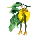 Double exposure of watercolor lemons with full-length portrait of beautiful dancing girl in green pants, lime top and yellow shoes Royalty Free Stock Photo