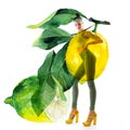 Double exposure of watercolor lemons with full-length portrait of beautiful dancing girl in green pants, lime top and yellow shoes Royalty Free Stock Photo