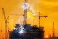 Double Exposure of Welder is Welding Pipeline Fabrication Assembly With Oil Rig Platform Background. Technician Welding in Safety