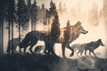 double exposure of wolf howling in forest and pack of wolves running through the woods