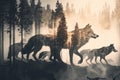 double exposure of wolf howling in forest and pack of wolves running through the woods Royalty Free Stock Photo