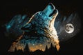 double exposure of wolf howling at the moon and starry night sky