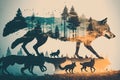 double exposure of wolf running through forest and pack of wolves keeping watch over their territory