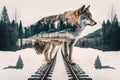 double exposure of wolf and snowy forest, with the tracks leading into the picture