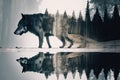 double exposure of wolf and snowy forest, with the tracks leading into the picture
