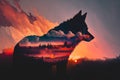 double exposure of wolf and sunrise, with fiery orange sky and clouds