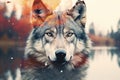 double exposure of wolfs face and autumn forest scenery
