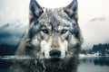 double exposure of a wolfs face and snowy mountain peaks