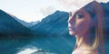 Double exposure of woman and blue lake nature landscape. Royalty Free Stock Photo