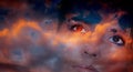 double exposure of woman face and dark sunset sky Royalty Free Stock Photo