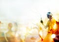 Double exposure, woman fighting martial arts, boxing and fight with nunchaku on people in stadium background, soft focus and blur