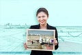 Double exposure of woman holding board with aircraft in runway