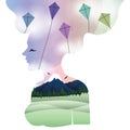 double exposure of woman and kites. Vector illustration decorative design