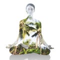 Double exposure of woman meditating