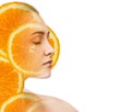 Double exposure of woman with orange fruit slices. Royalty Free Stock Photo