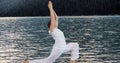Double exposure of woman performing yoga by lake Royalty Free Stock Photo