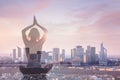 Double exposure of woman practicing yoga and city background Royalty Free Stock Photo