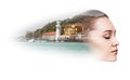 Double exposure of woman and resort pier Royalty Free Stock Photo