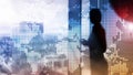 Double exposure world map on skyscraper background. Communication and global business concept Royalty Free Stock Photo