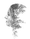 Double exposure of young beautiful girl among the leaves and trees. Black and white silhouette Isolated on white. Royalty Free Stock Photo