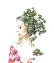 Double exposure of young beautiful girl among the leaves and trees. Portrait of a woman, mysterious look, creative, art, conceptua Royalty Free Stock Photo