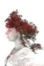 Double exposure of young beautiful girl among the leaves and trees. Portrait of a woman, mysterious look, creative, art, conceptua Royalty Free Stock Photo