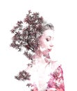 Double exposure of young beautiful girl among the leaves and trees. Portrait of a woman, mysterious look, creative, art, conceptua Royalty Free Stock Photo