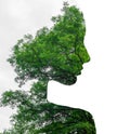 Double exposure of young beautiful girl among the leaves and trees. Silhouette on white.