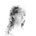 Double exposure of a young beautiful girl. Painted portrait of a female face. Multi-colored picture isolated on white background. Royalty Free Stock Photo