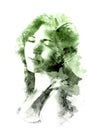 Double exposure of a young beautiful girl. Painted portrait of a female face. Multicolored picture isolated on white background. F Royalty Free Stock Photo